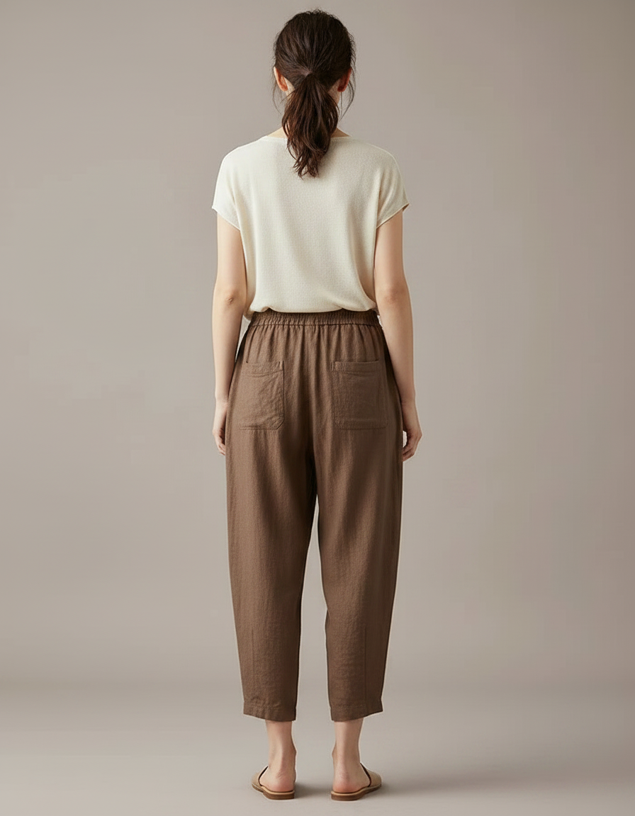 Pantalon Marron Lin Ample Élastique Femme Décontracté - vue 2