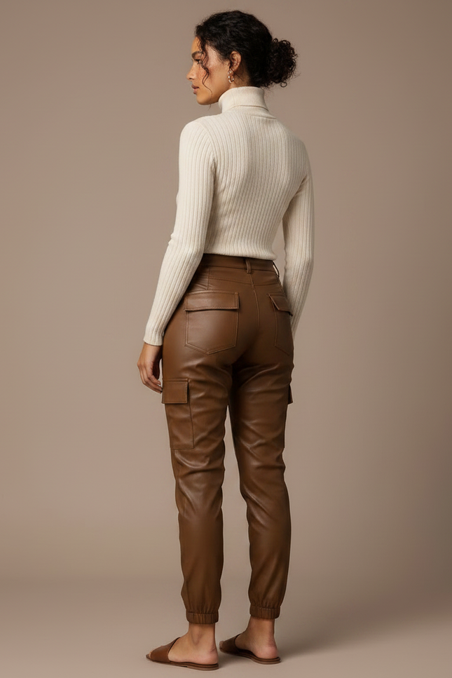 Pantalon Marron Similicuir Cargo Taille Haute Femme - Simili cuir - vue 2