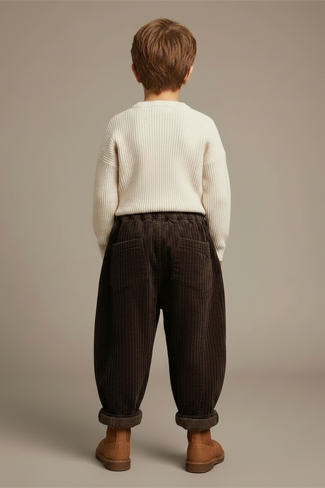 Pantalon Marron Côtelé Ample Élastique Poches Garçon - Cordé - vue 2