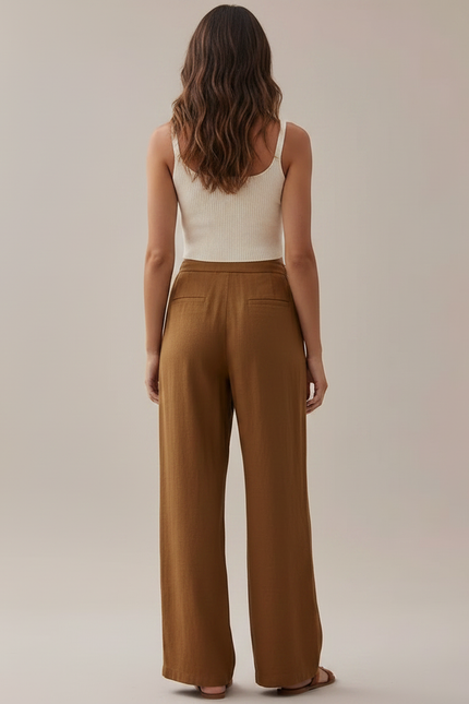 Pantalon Marron Fluide Lin Ample Décontracté Cordon - vue 2