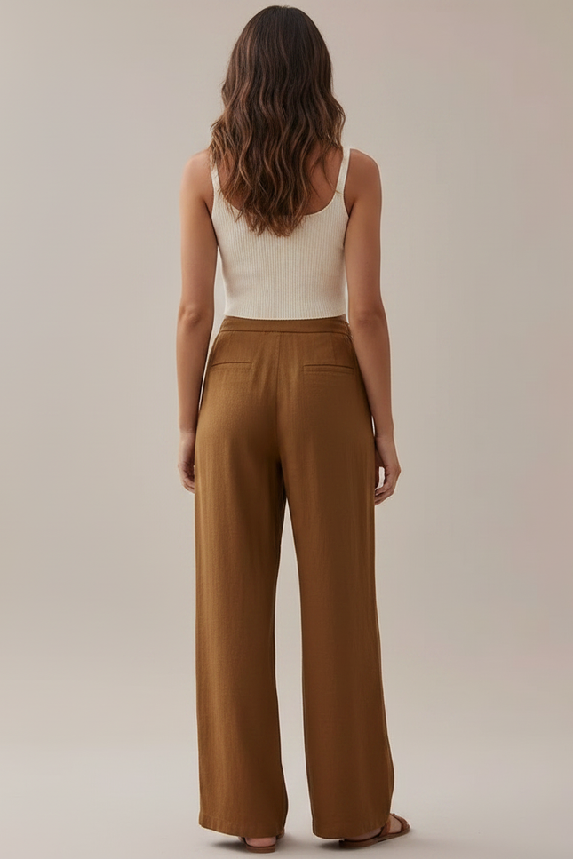 Pantalon Marron Fluide Lin Ample Décontracté Cordon - vue 2