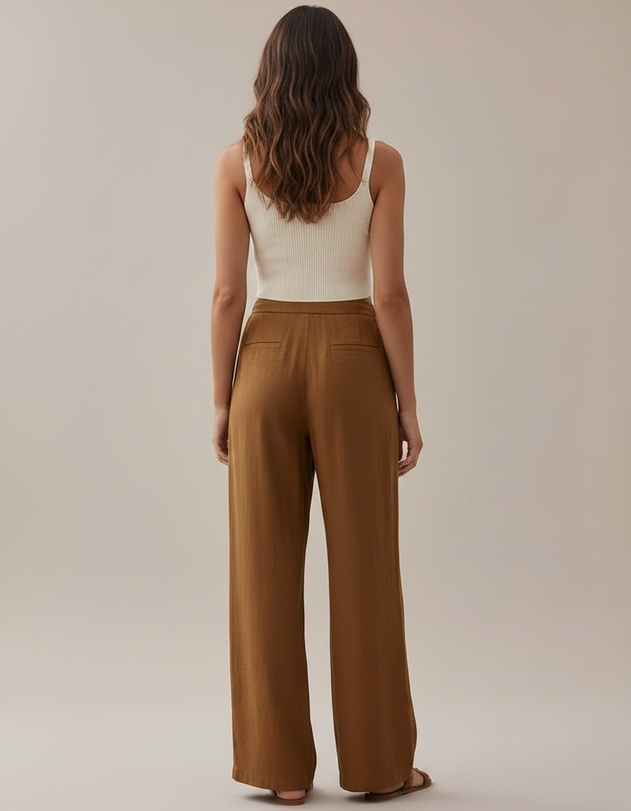 Pantalon Marron Fluide Lin Ample Décontracté Cordon - vue 2