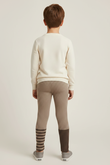 Pantalon Marron Côtelé Bicolore Rayé Tricoté Enfant - Maille - vue 2