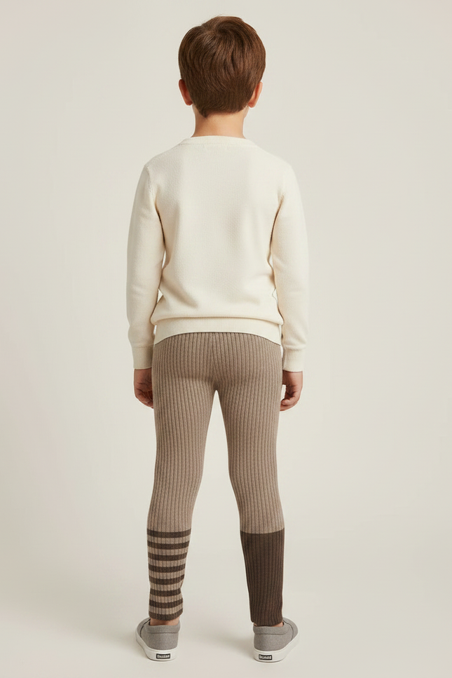 Pantalon Marron Côtelé Bicolore Rayé Tricoté Enfant - Maille - vue 2
