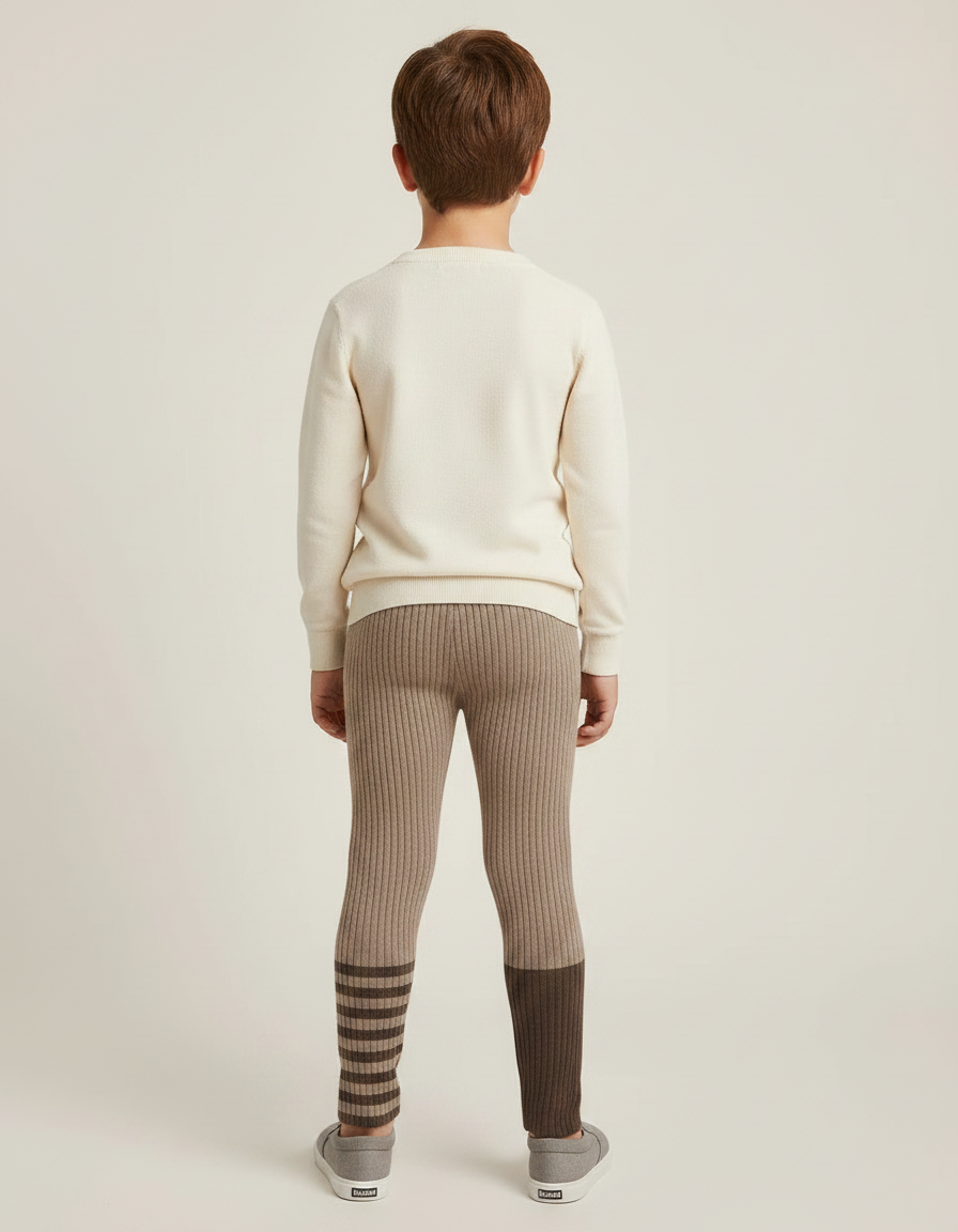 Pantalon Marron Côtelé Bicolore Rayé Tricoté Enfant - Maille - vue 2
