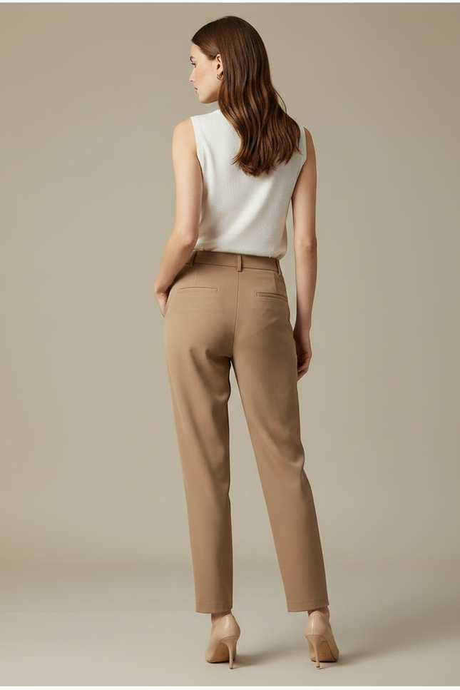 Pantalon Marron Droit Taille Haute Élégant Fluide Femme - Camel Polyester - vue 2