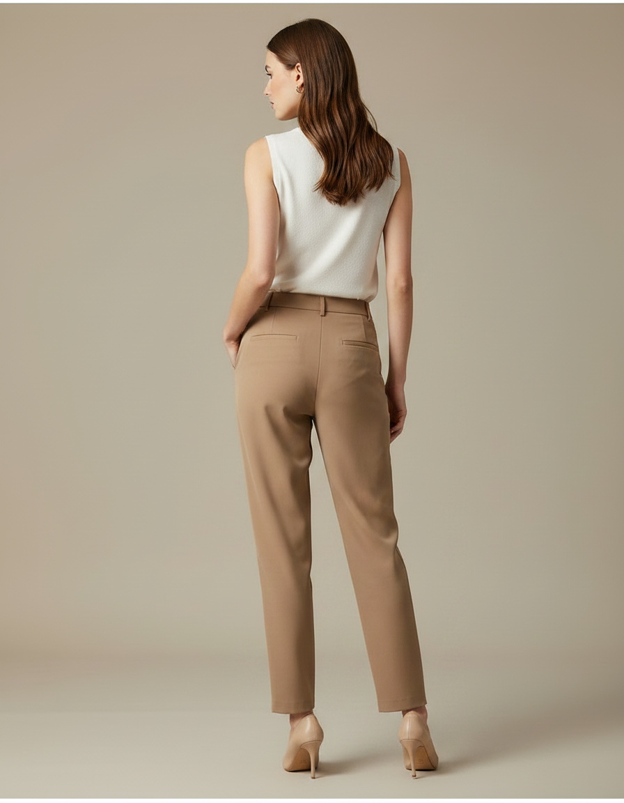 Pantalon Marron Droit Taille Haute Élégant Fluide Femme - Camel Polyester - vue 2