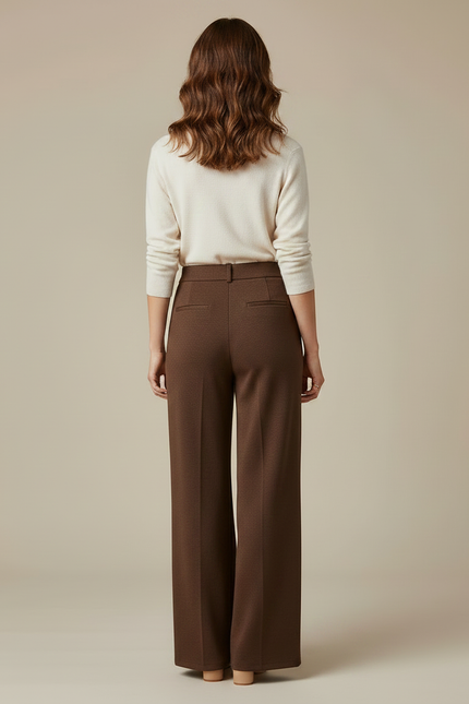 Pantalon Marron Ample Plissé Élégant Femme - Laine - vue 2