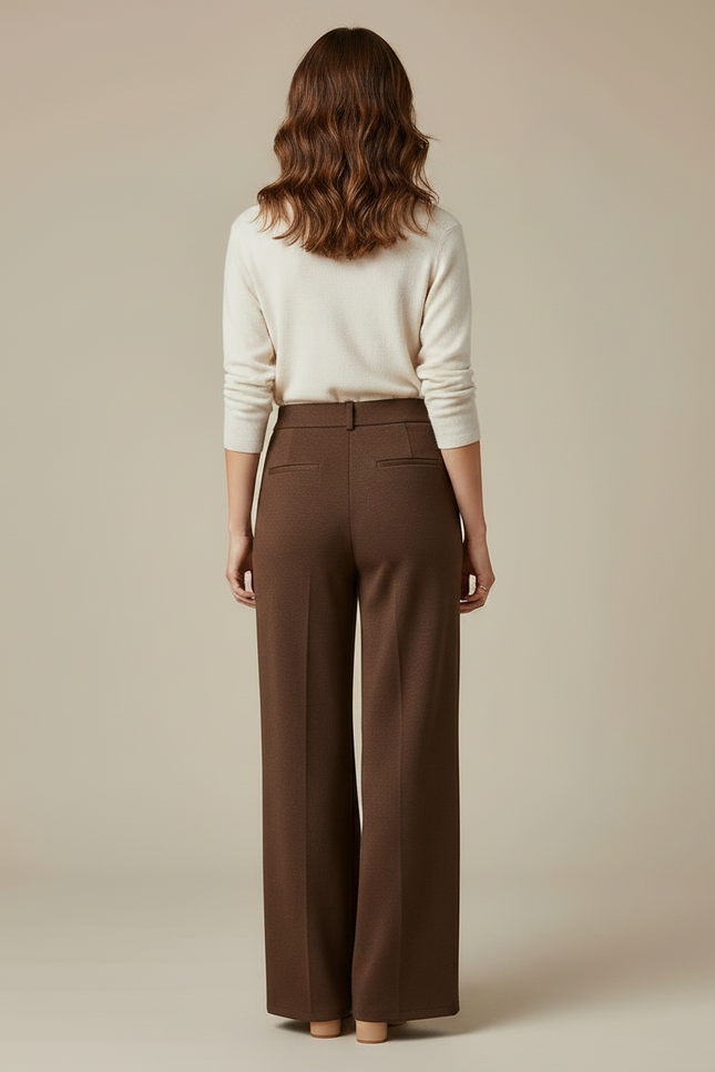 Pantalon Marron Ample Plissé Élégant Femme - Laine - vue 2