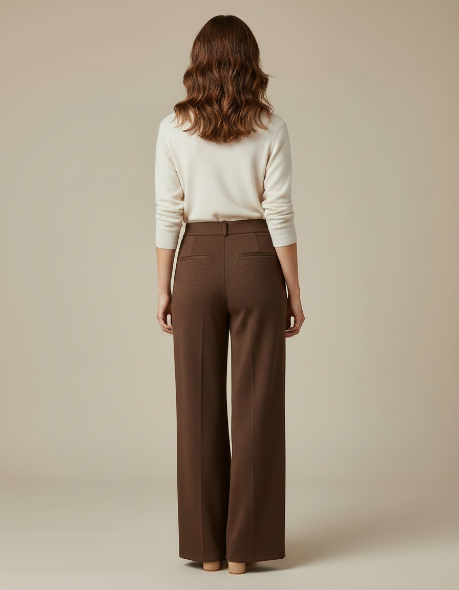 Pantalon Marron Ample Plissé Élégant Femme - Laine - vue 2