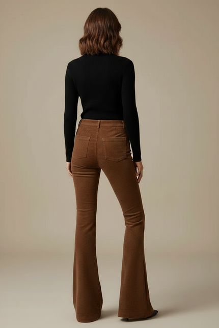 Pantalon Marron Côtelé Évasé Taille Haute Femme - Cordé - vue 2