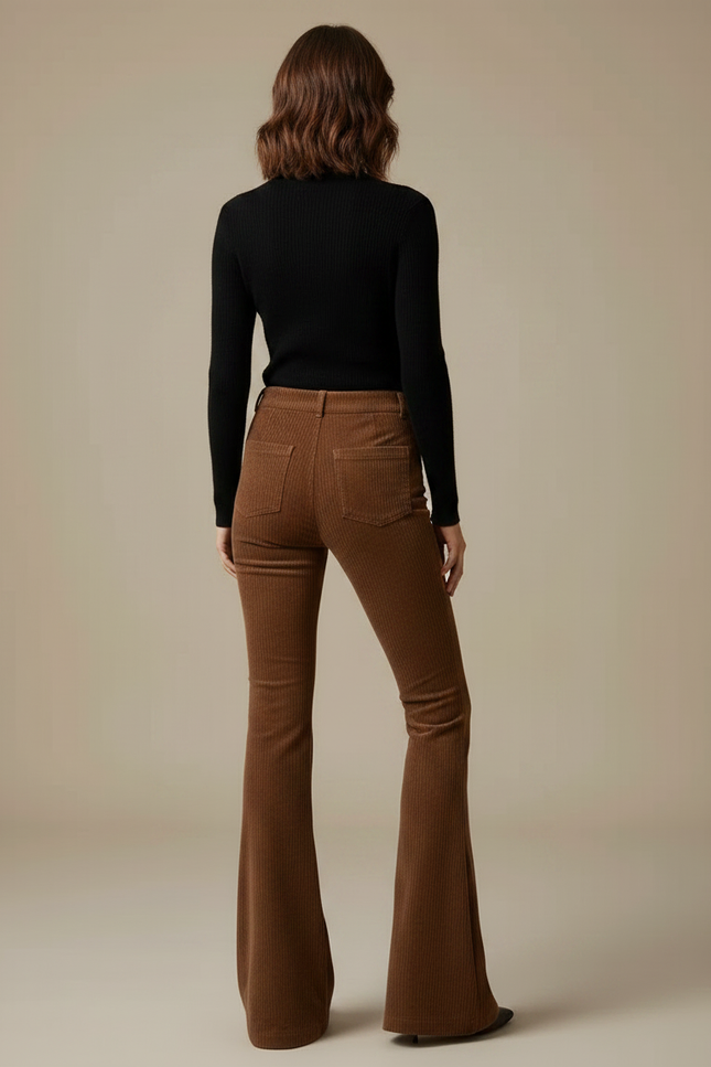 Pantalon Marron Côtelé Évasé Taille Haute Femme - Cordé - vue 2