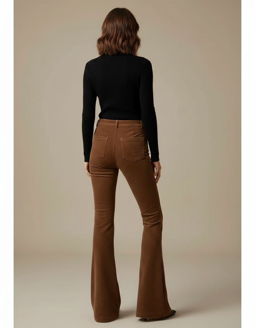 Pantalon Marron Côtelé Évasé Taille Haute Femme - Cordé - vue 2
