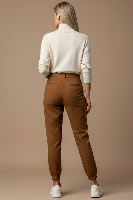 Pantalon Marron Taille Haute Cintrée Décontracté Femme - Gabardine - vue 2