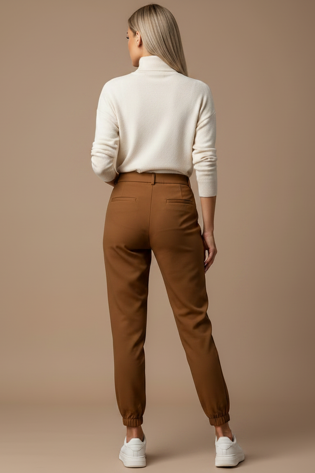 Pantalon Marron Taille Haute Cintrée Décontracté Femme - Gabardine - vue 2