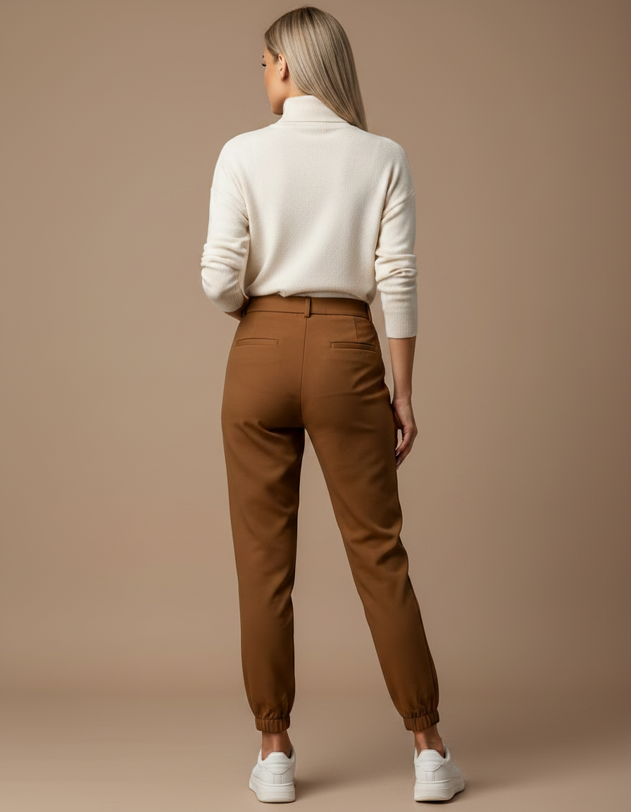 Pantalon Marron Taille Haute Cintrée Décontracté Femme - Gabardine - vue 2