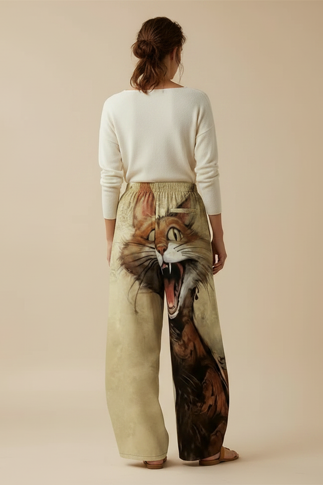 Pantalon Marron Ample Imprimé Chat Décontracté Élastique - Viscose - vue 2