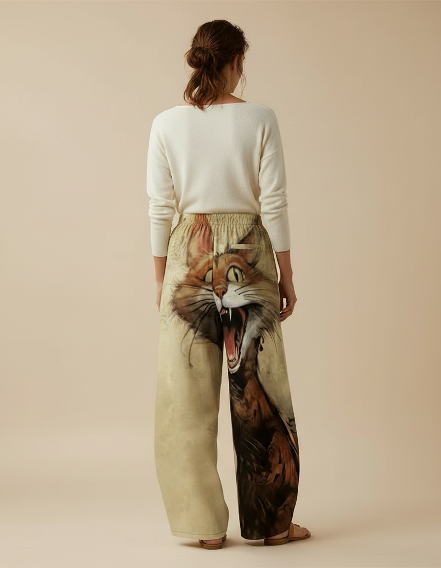 Pantalon Marron Ample Imprimé Chat Décontracté Élastique - Viscose - vue 2