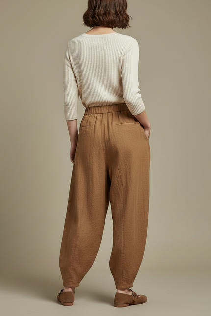 Pantalon Marron Ample Lin Coton Taille Élastique - vue 2