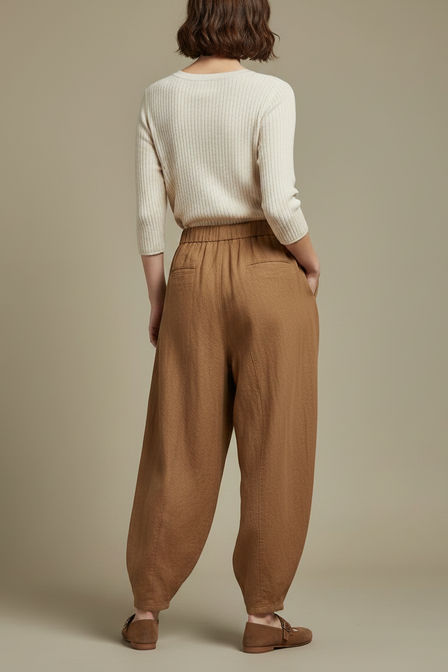 Pantalon Marron Ample Lin Coton Taille Élastique - vue 2