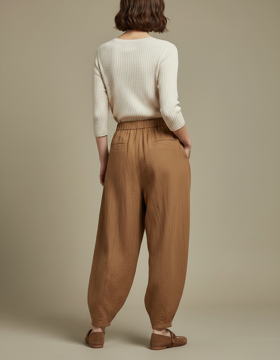 Pantalon Marron Ample Lin Coton Taille Élastique - vue 2