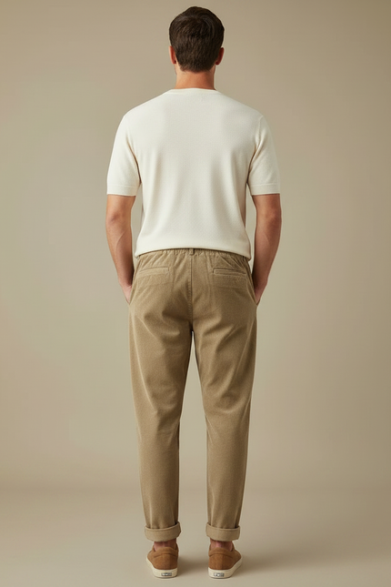 Pantalon Marron Côtelé Décontracté Coupe Droite Cordon Élastique - Cordé - vue 2