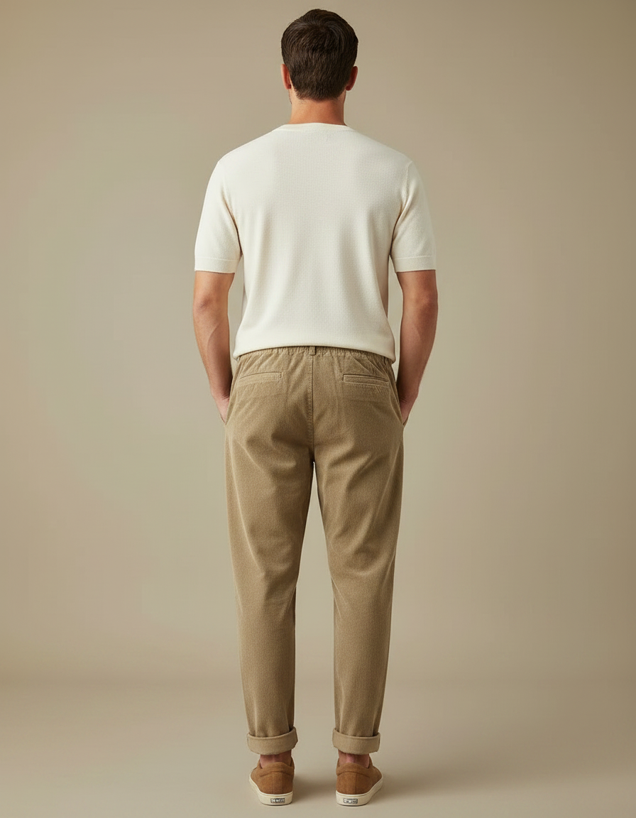 Pantalon Marron Côtelé Décontracté Coupe Droite Cordon Élastique - Cordé - vue 2