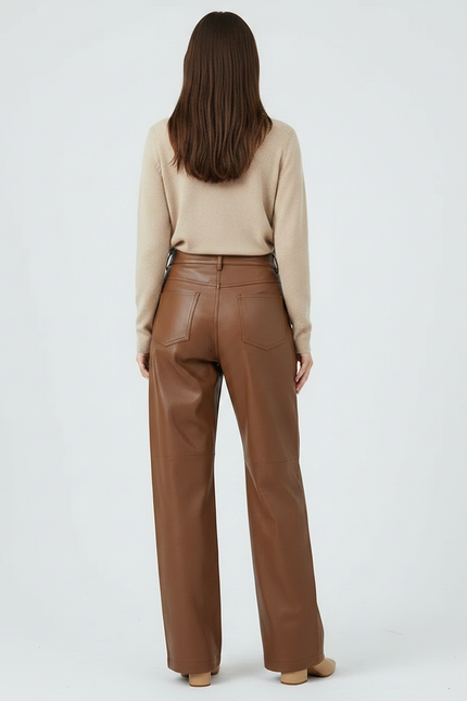 Pantalon Marron Similicuir Ample Taille Haute Élégant - Simili cuir - vue 2