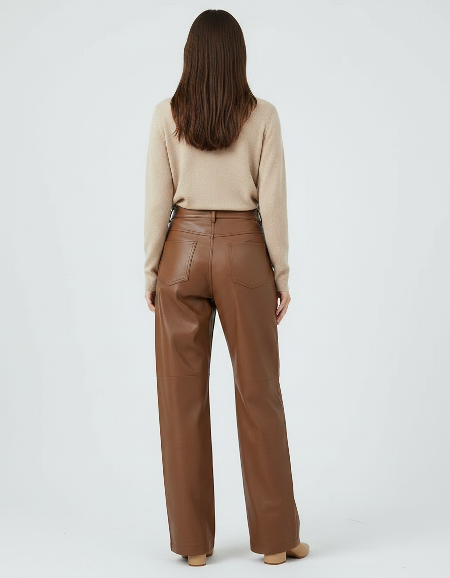 Pantalon Marron Similicuir Ample Taille Haute Élégant - Simili cuir - vue 2