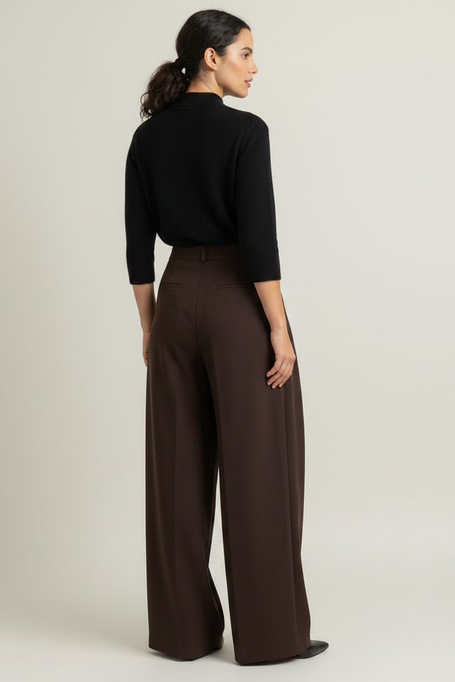 Pantalon Marron Plissé Ample Fluide Élégant Femme - Polyester - vue 2