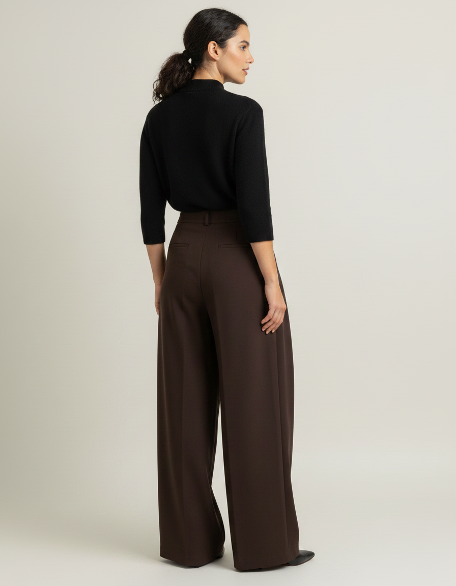 Pantalon Marron Plissé Ample Fluide Élégant Femme - Polyester - vue 2