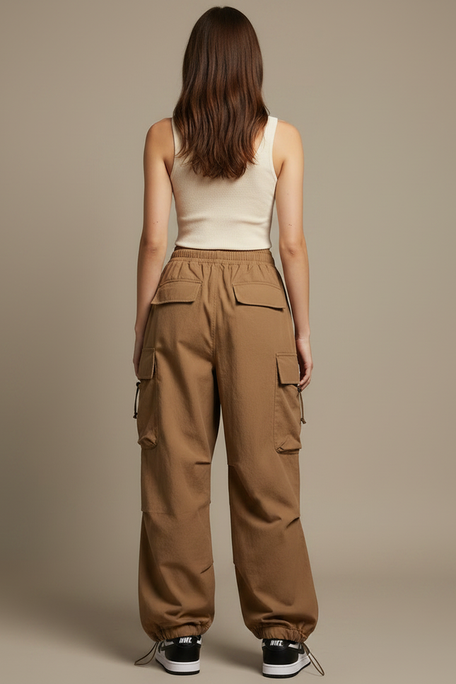 Pantalon Marron Cargo Ample Taille Basse Cordon - Gabardine - vue 2