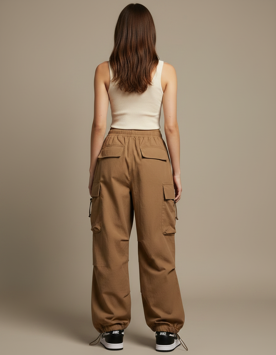 Pantalon Marron Cargo Ample Taille Basse Cordon - Gabardine - vue 2