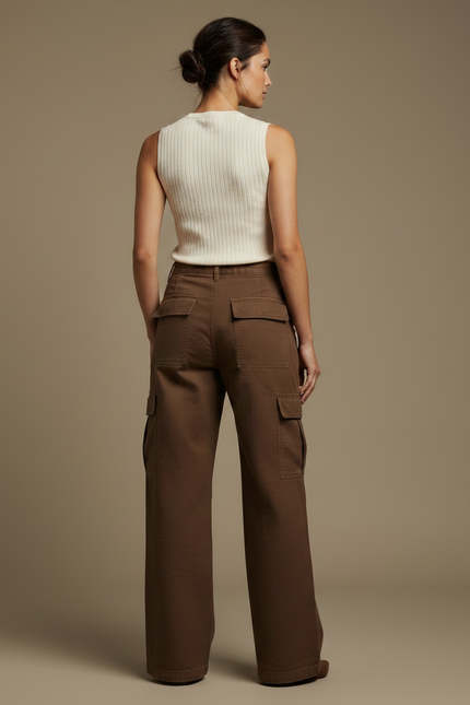Pantalon Marron Cargo Ample Décontracté Poches Femme - Toile - vue 2