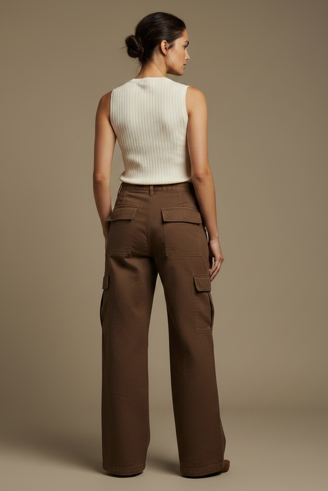 Pantalon Marron Cargo Ample Décontracté Poches Femme - Toile - vue 2