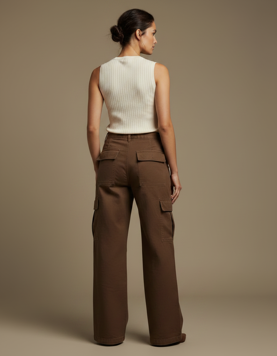 Pantalon Marron Cargo Ample Décontracté Poches Femme - Toile - vue 2