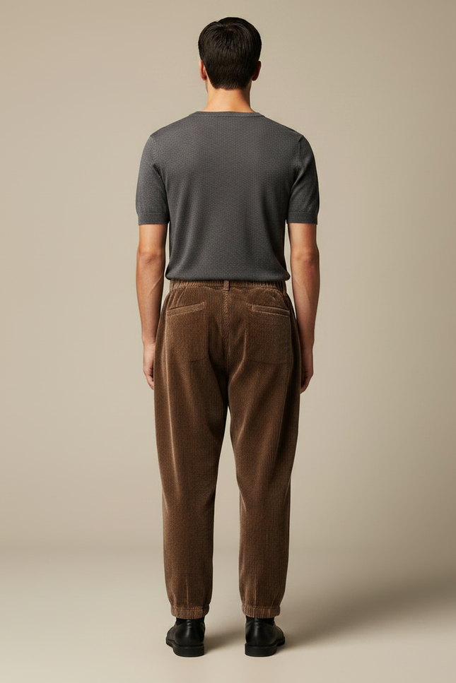 Pantalon Marron Côtelé Ample Décontracté Cordon - Cordé - vue 2