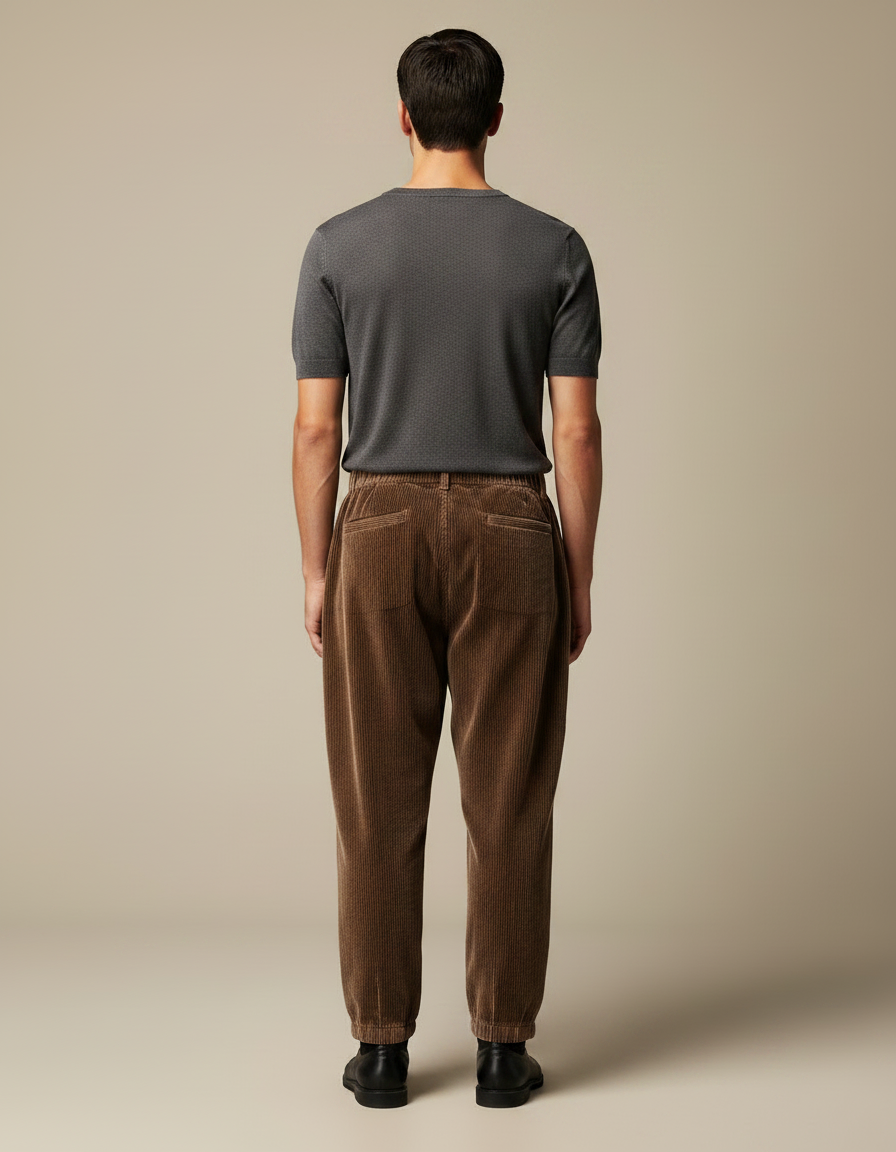 Pantalon Marron Côtelé Ample Décontracté Cordon - Cordé - vue 2
