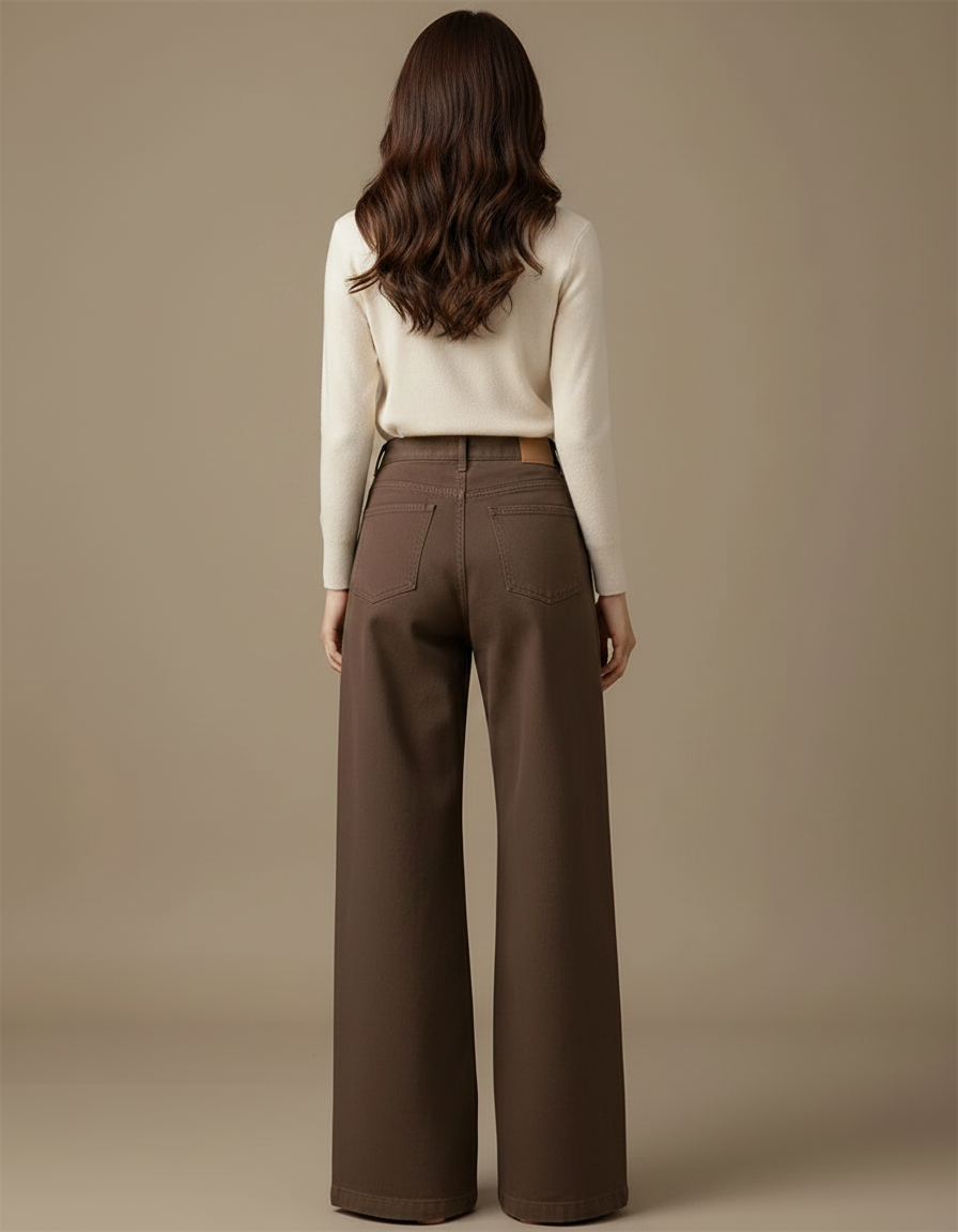 Pantalon Marron Ample Taille Haute Large Femme - Jean - vue 2