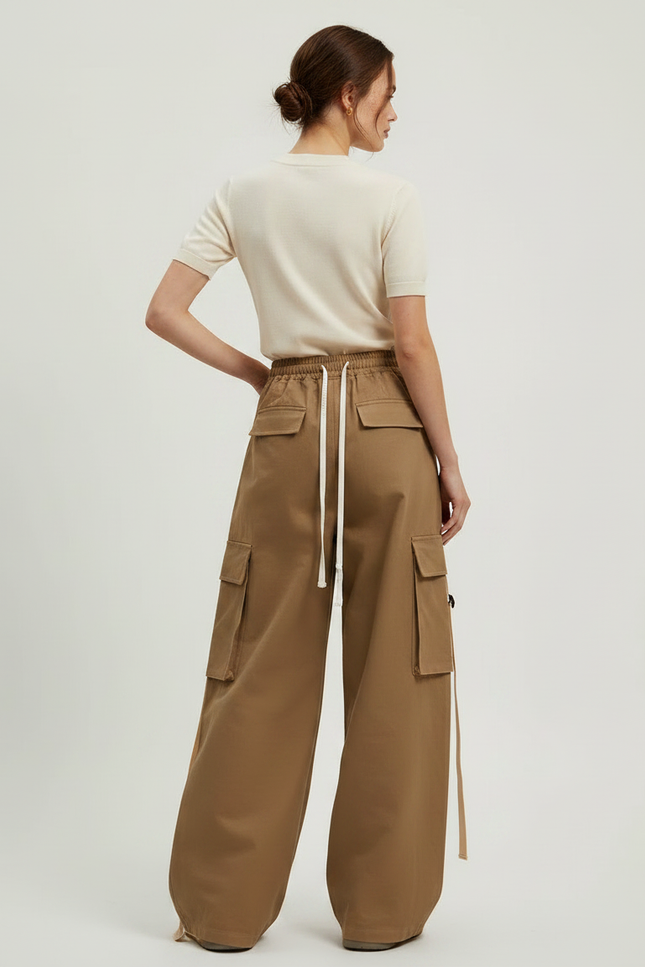 Pantalon Marron Cargo Ample Coton Ruban - vue 2