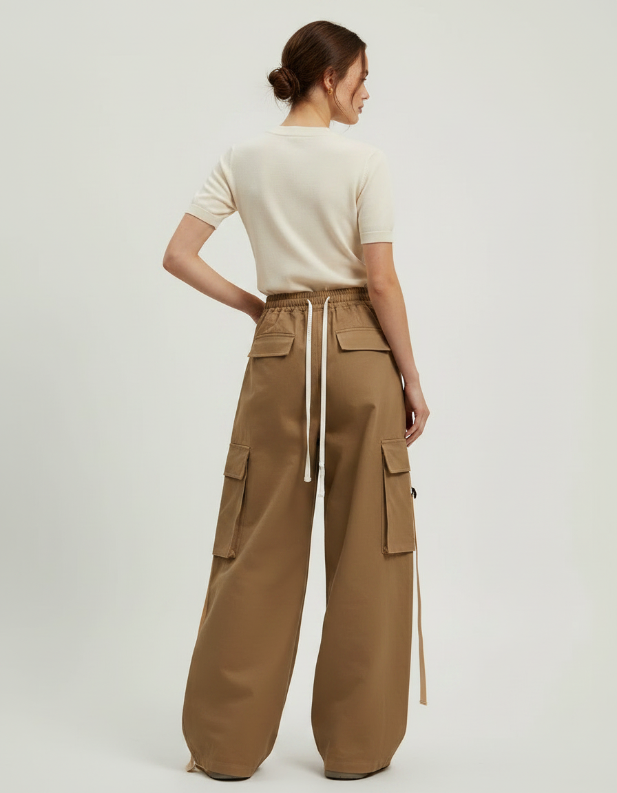 Pantalon Marron Cargo Ample Coton Ruban - vue 2