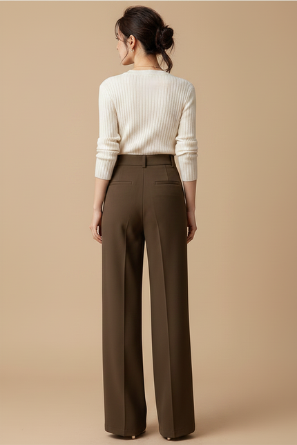 Pantalon Marron Droit Ample Taille Haute Fluide Élégant - Polyester - vue 2