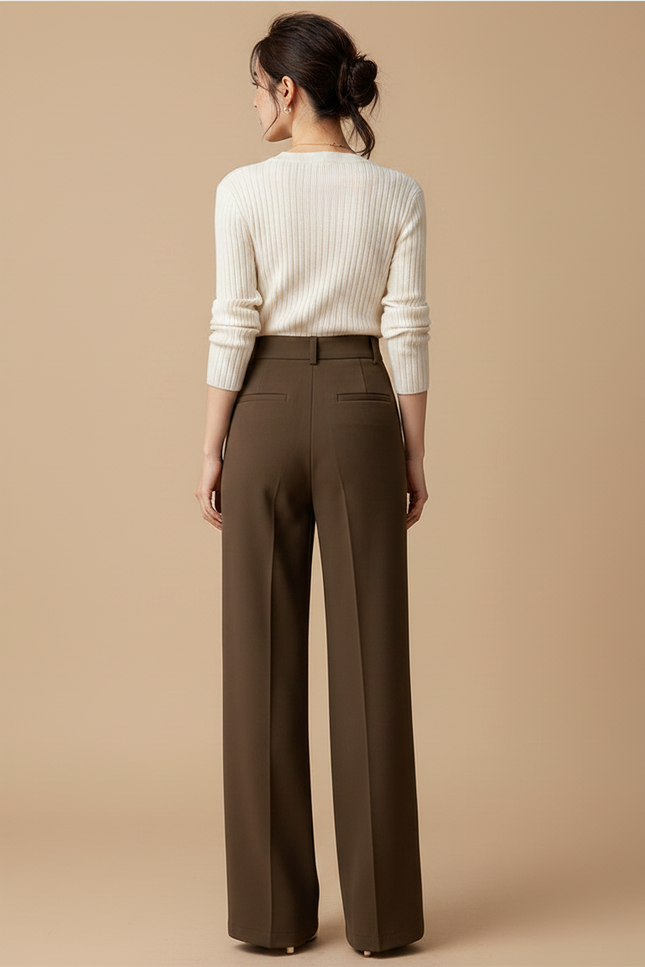 Pantalon Marron Droit Ample Taille Haute Fluide Élégant - Polyester - vue 2
