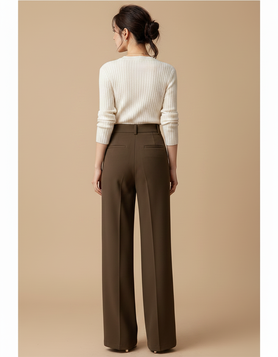 Pantalon Marron Droit Ample Taille Haute Fluide Élégant - Polyester - vue 2