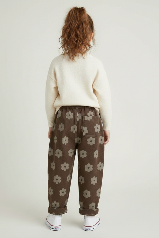 Pantalon Marron Ample Fleurs Décontracté Enfant Coton - Molleton - vue 2