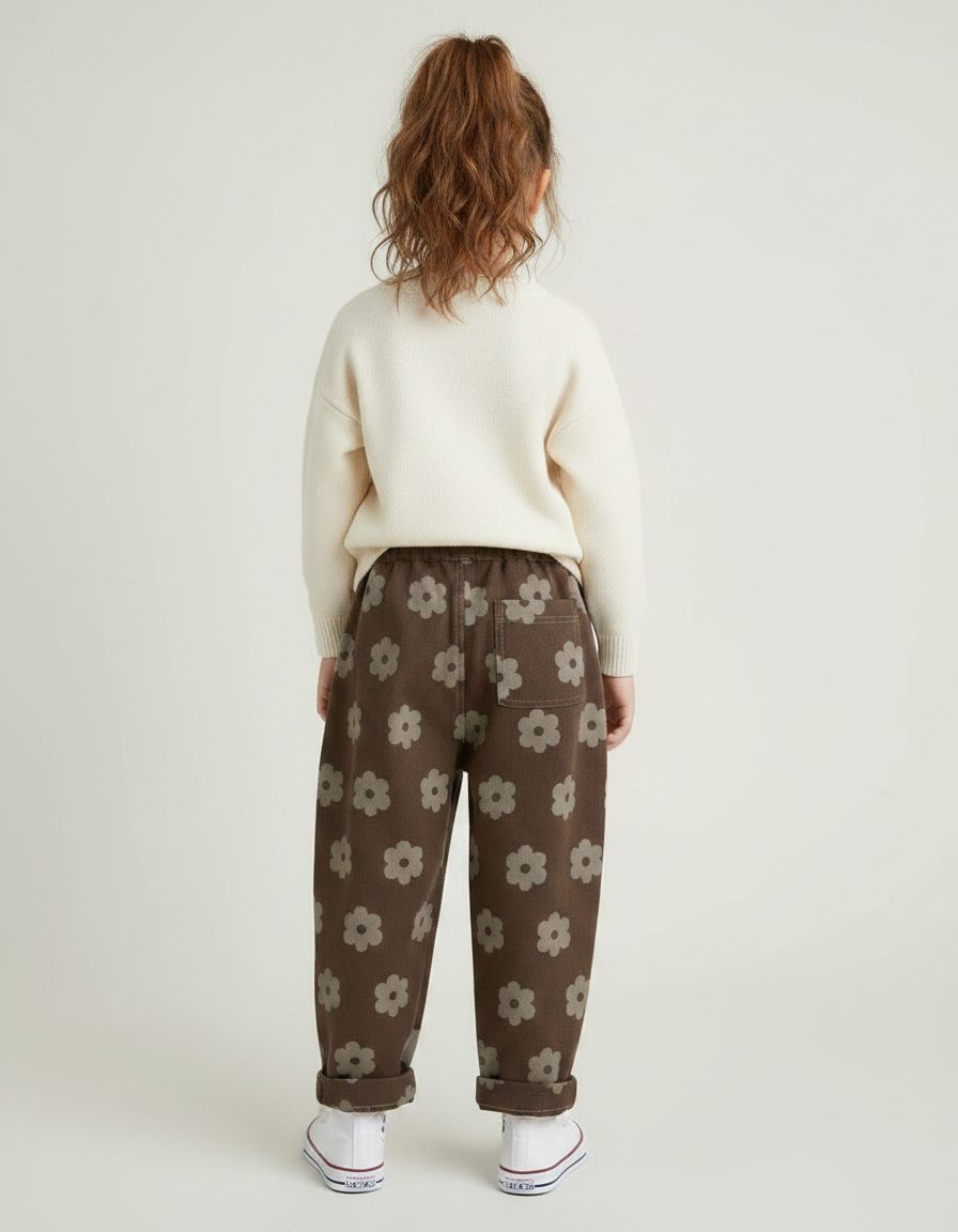 Pantalon Marron Ample Fleurs Décontracté Enfant Coton - Molleton - vue 2