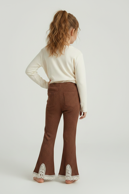 Pantalon Marron Côtelé Évasé Dentelle Enfant Confortable - Maille - vue 2