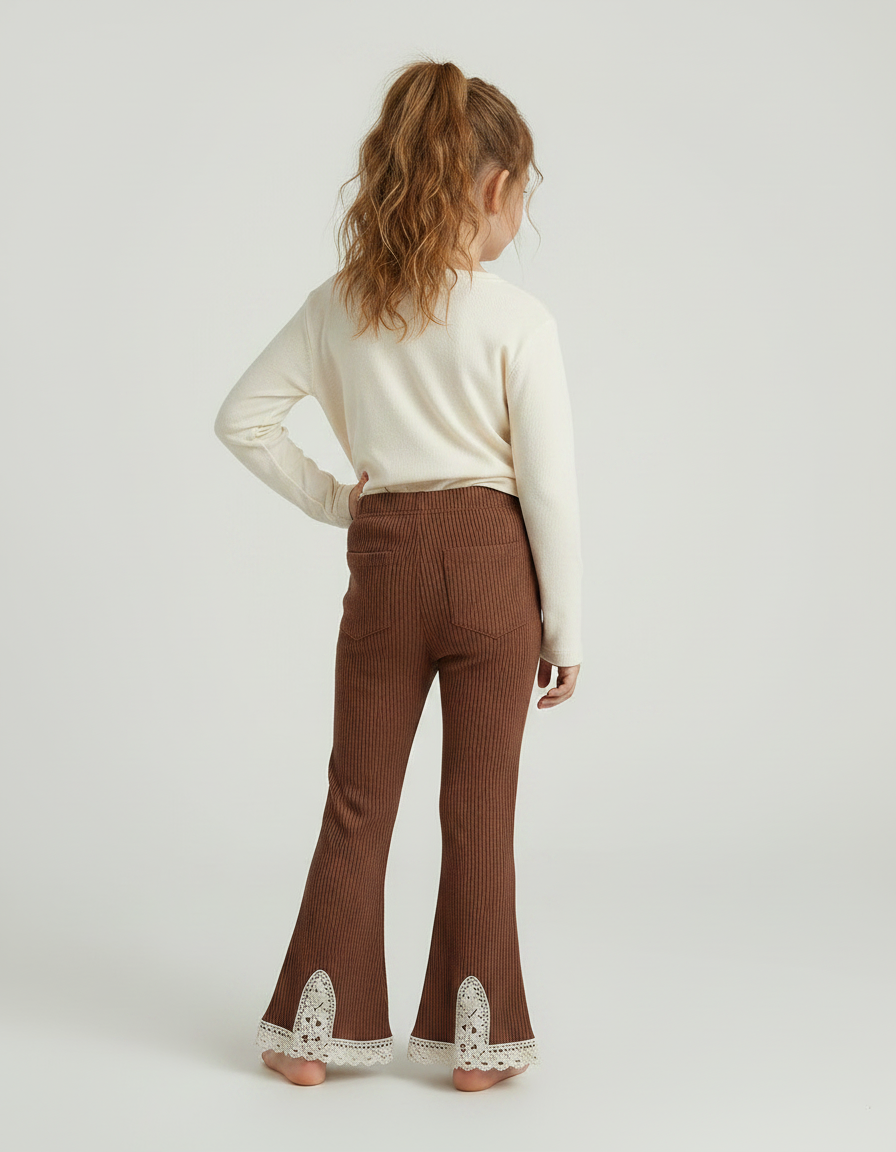 Pantalon Marron Côtelé Évasé Dentelle Enfant Confortable - Maille - vue 2