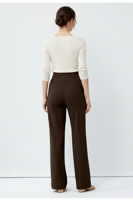 Pantalon Marron Taille Haute Ample Droit Élégant Fluide - Polyester - vue 2