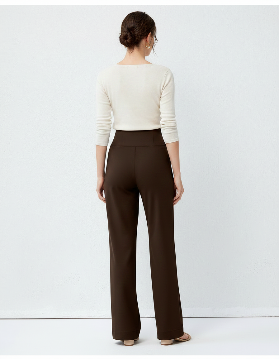 Pantalon Marron Taille Haute Ample Droit Élégant Fluide - Polyester - vue 2
